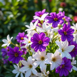 A captivating display of blooming purple flowers mixed with elegant white flowers, forming a harmonious and vibrant floral arrangement