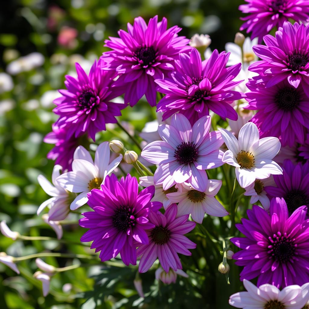 A captivating display of blooming purple flowers mixed with elegant white flowers, forming a harmonious and vibrant floral arrangement