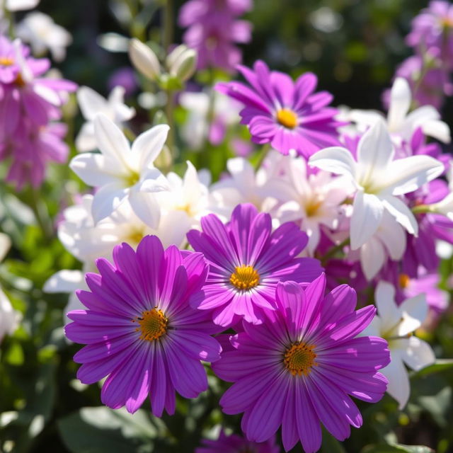 A captivating display of blooming purple flowers mixed with elegant white flowers, forming a harmonious and vibrant floral arrangement