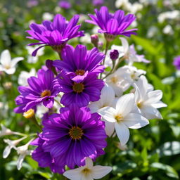 A captivating display of blooming purple flowers mixed with elegant white flowers, forming a harmonious and vibrant floral arrangement
