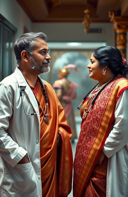 A male doctor dressed in a white coat and stethoscope, deeply engaged in a conversation with a female Carnatic singer, who is adorned in a traditional saree with intricate patterns and shimmering jewelry