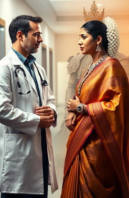 A male doctor dressed in a white coat and stethoscope, deeply engaged in a conversation with a female Carnatic singer, who is adorned in a traditional saree with intricate patterns and shimmering jewelry