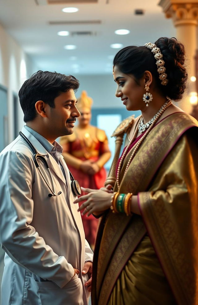 A male doctor dressed in a white coat and stethoscope, deeply engaged in a conversation with a female Carnatic singer, who is adorned in a traditional saree with intricate patterns and shimmering jewelry