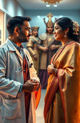 A male doctor dressed in a white coat and stethoscope, deeply engaged in a conversation with a female Carnatic singer, who is adorned in a traditional saree with intricate patterns and shimmering jewelry