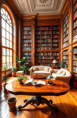 a tranquil and inviting library interior, featuring tall wooden bookshelves filled with colorful books, a cozy reading nook with plush sofas and soft lighting, large windows allowing natural light to flood in, a beautiful antique wooden table at the center with a few open books and a steaming cup of tea, warm wooden floors, potted plants around the room, and classic architecture with intricate moldings and high ceilings