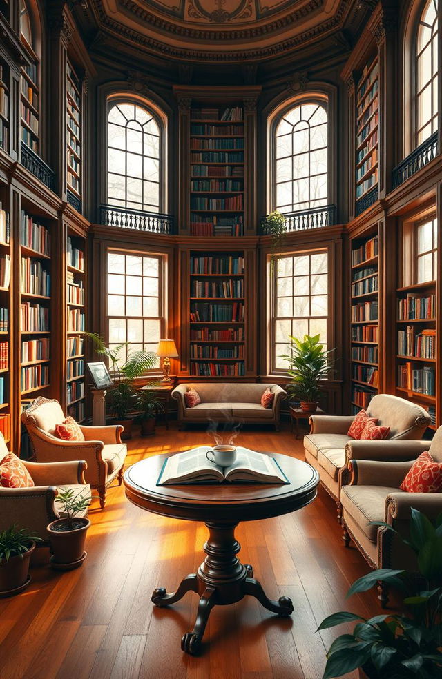 a tranquil and inviting library interior, featuring tall wooden bookshelves filled with colorful books, a cozy reading nook with plush sofas and soft lighting, large windows allowing natural light to flood in, a beautiful antique wooden table at the center with a few open books and a steaming cup of tea, warm wooden floors, potted plants around the room, and classic architecture with intricate moldings and high ceilings