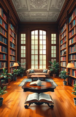 a tranquil and inviting library interior, featuring tall wooden bookshelves filled with colorful books, a cozy reading nook with plush sofas and soft lighting, large windows allowing natural light to flood in, a beautiful antique wooden table at the center with a few open books and a steaming cup of tea, warm wooden floors, potted plants around the room, and classic architecture with intricate moldings and high ceilings