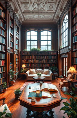 a tranquil and inviting library interior, featuring tall wooden bookshelves filled with colorful books, a cozy reading nook with plush sofas and soft lighting, large windows allowing natural light to flood in, a beautiful antique wooden table at the center with a few open books and a steaming cup of tea, warm wooden floors, potted plants around the room, and classic architecture with intricate moldings and high ceilings
