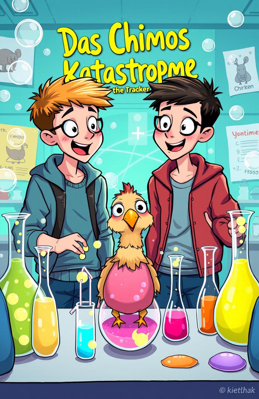 A vibrant and colorful illustration titled 'Das Chimos Katastrophe,' featuring two teenage twin siblings engaged in a chemistry experiment