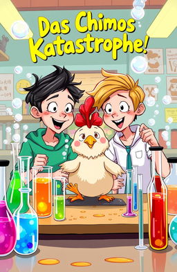 A vibrant and colorful illustration titled 'Das Chimos Katastrophe,' featuring two teenage twin siblings engaged in a chemistry experiment