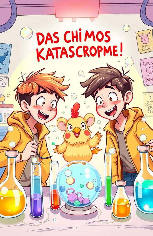 A vibrant and colorful illustration titled 'Das Chimos Katastrophe,' featuring two teenage twin siblings engaged in a chemistry experiment