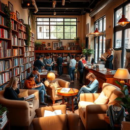 A cozy, inviting bookstore filled with shelves of colorful books, soft warm lighting, comfy reading nooks with plush armchairs, and the aroma of freshly brewed coffee