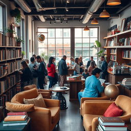 A cozy, inviting bookstore filled with shelves of colorful books, soft warm lighting, comfy reading nooks with plush armchairs, and the aroma of freshly brewed coffee