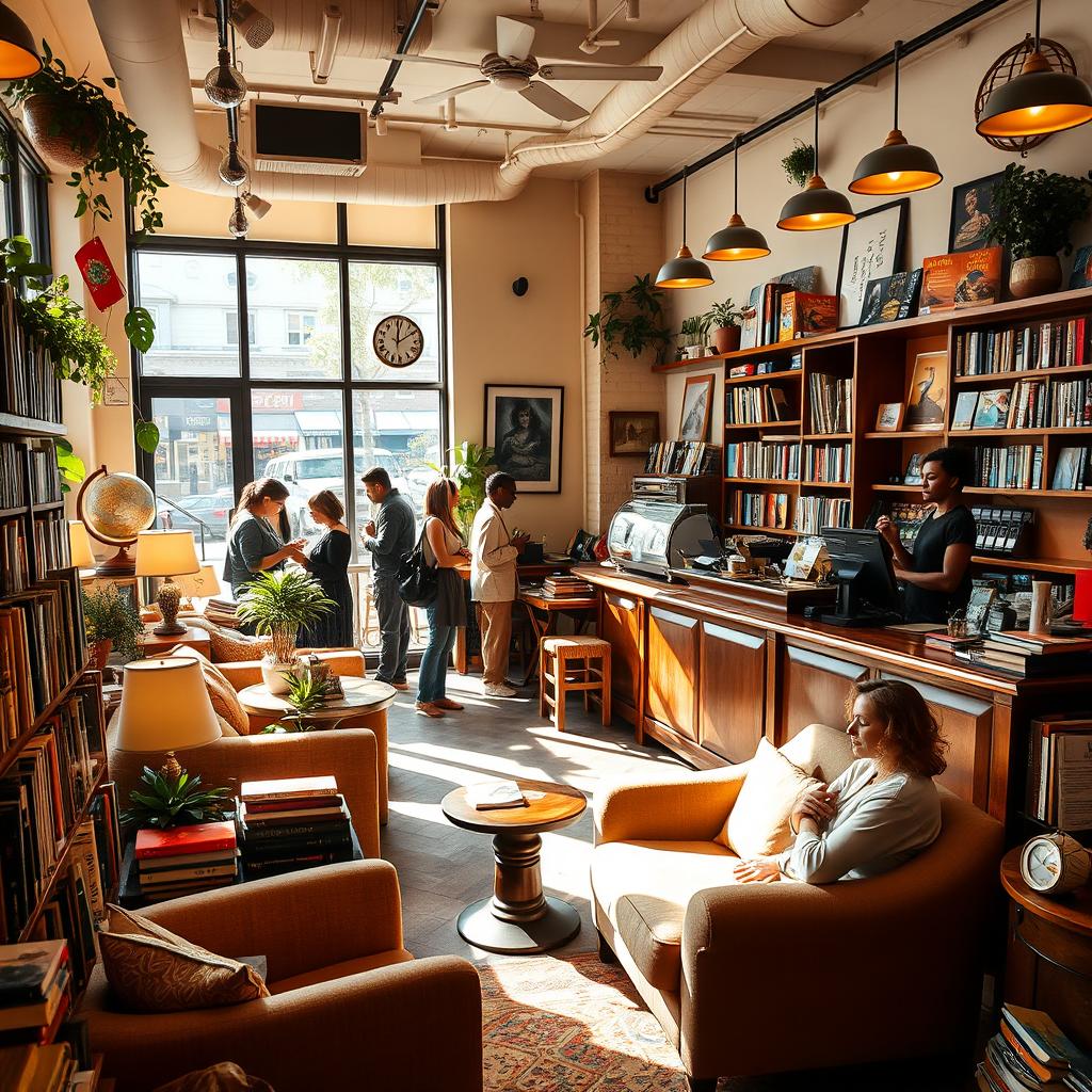 A cozy, inviting bookstore filled with shelves of colorful books, soft warm lighting, comfy reading nooks with plush armchairs, and the aroma of freshly brewed coffee