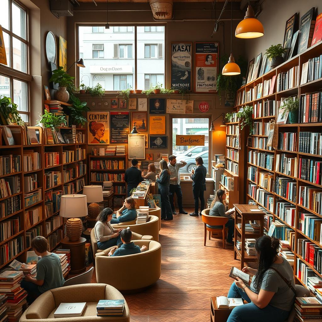 A cozy and inviting bookstore, filled with shelves of books of various genres, including fiction, fantasy, and non-fiction