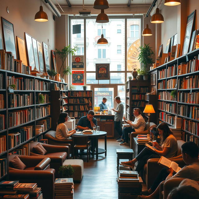 A cozy and inviting bookstore, filled with shelves of books of various genres, including fiction, fantasy, and non-fiction