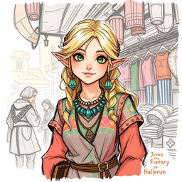 A sketch illustration of a woman halfling with lively blond hair and sparkling green eyes, managing Faerun's bustling bazaar