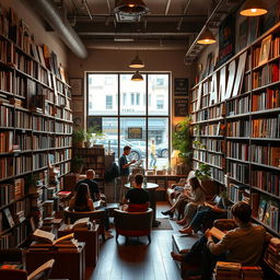 A cozy and inviting bookstore, filled with shelves of books of various genres, including fiction, fantasy, and non-fiction