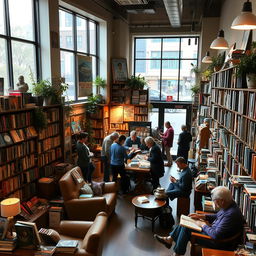 A cozy and inviting bookstore, filled with shelves of books of various genres, including fiction, fantasy, and non-fiction