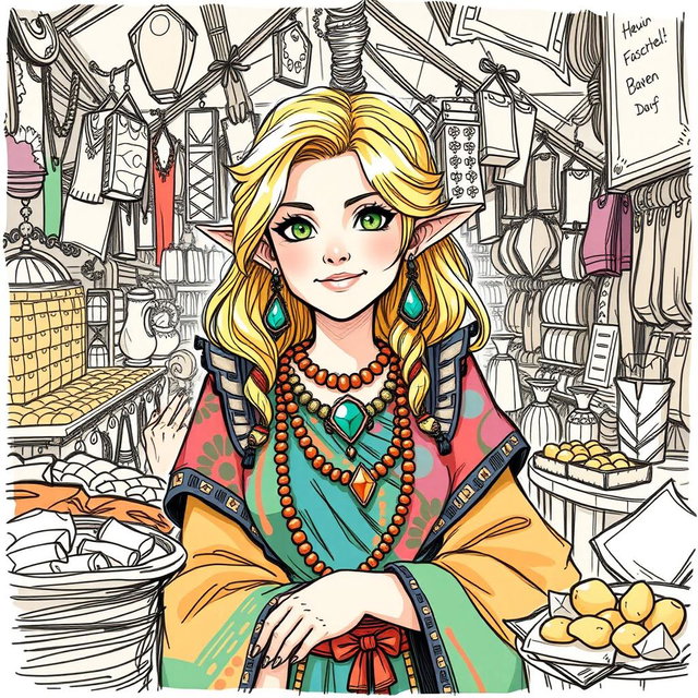 A sketch illustration of a woman halfling with lively blond hair and sparkling green eyes, managing Faerun's bustling bazaar