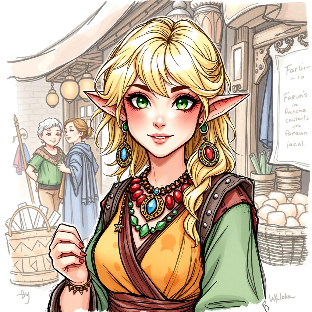 A sketch illustration of a woman halfling with lively blond hair and sparkling green eyes, managing Faerun's bustling bazaar