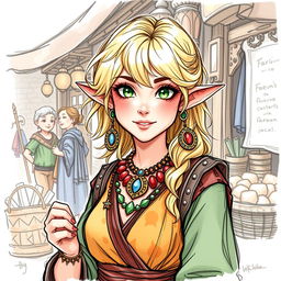 A sketch illustration of a woman halfling with lively blond hair and sparkling green eyes, managing Faerun's bustling bazaar