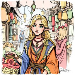 A sketch illustration of a woman halfling with lively blond hair and sparkling green eyes, managing Faerun's bustling bazaar