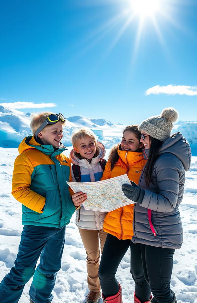 A vibrant scene depicting four teenage best friends in Antarctica, titled 'Finding Agartha'