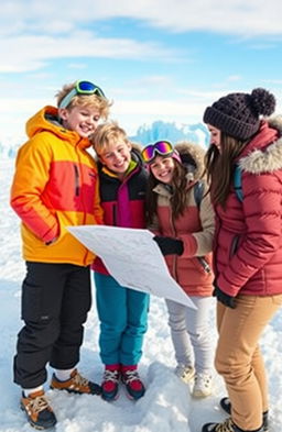 A vibrant scene depicting four teenage best friends in Antarctica, titled 'Finding Agartha'