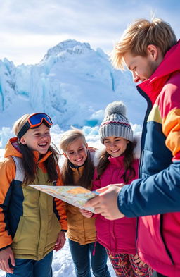 A vibrant scene depicting four teenage best friends in Antarctica, titled 'Finding Agartha'