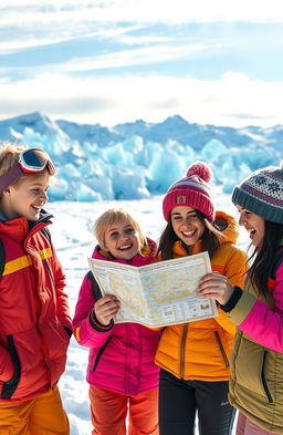 A vibrant scene depicting four teenage best friends in Antarctica, titled 'Finding Agartha'