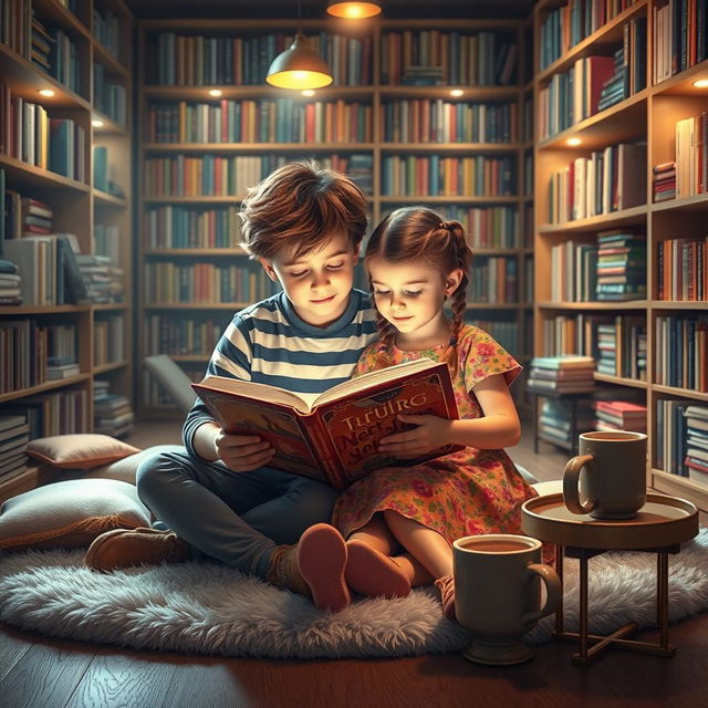 A cozy and inviting bookstore scene featuring a boy and girl sitting together on a plush rug, deeply engrossed in reading a large, colorful book