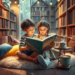 A cozy and inviting bookstore scene featuring a boy and girl sitting together on a plush rug, deeply engrossed in reading a large, colorful book