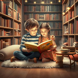 A cozy and inviting bookstore scene featuring a boy and girl sitting together on a plush rug, deeply engrossed in reading a large, colorful book