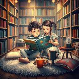 A cozy and inviting bookstore scene featuring a boy and girl sitting together on a plush rug, deeply engrossed in reading a large, colorful book