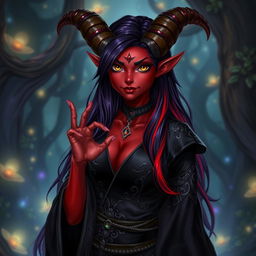 A female tiefling character, showcasing her vibrant and unique features, with deep crimson skin, large curved horns protruding from her forehead, and striking golden eyes