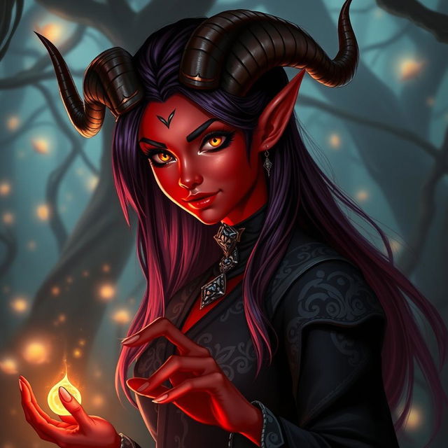 A female tiefling character, showcasing her vibrant and unique features, with deep crimson skin, large curved horns protruding from her forehead, and striking golden eyes