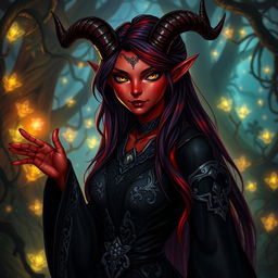 A female tiefling character, showcasing her vibrant and unique features, with deep crimson skin, large curved horns protruding from her forehead, and striking golden eyes