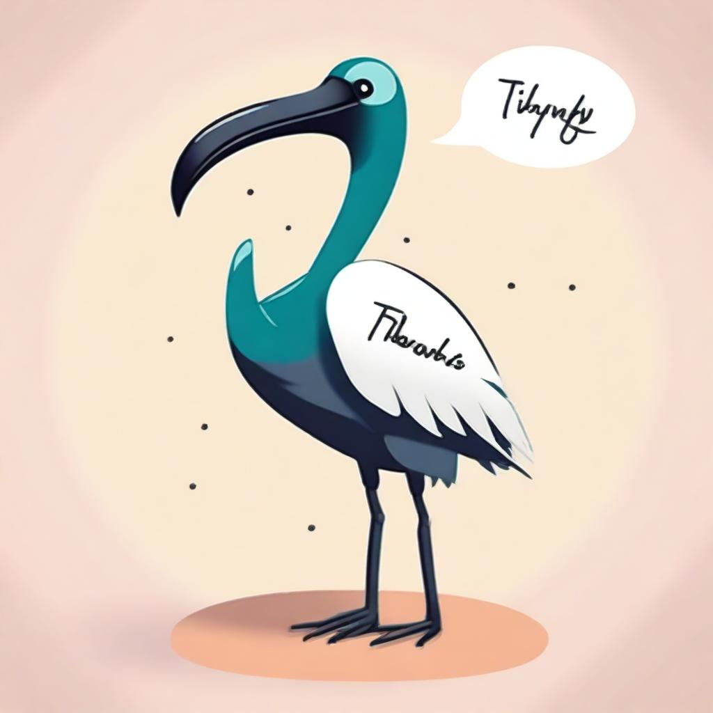 A glossy ibis with expressive eyes and detailed feathers, holding a standee with the words 'thank you' written on it in a friendly, charmingly stylish script