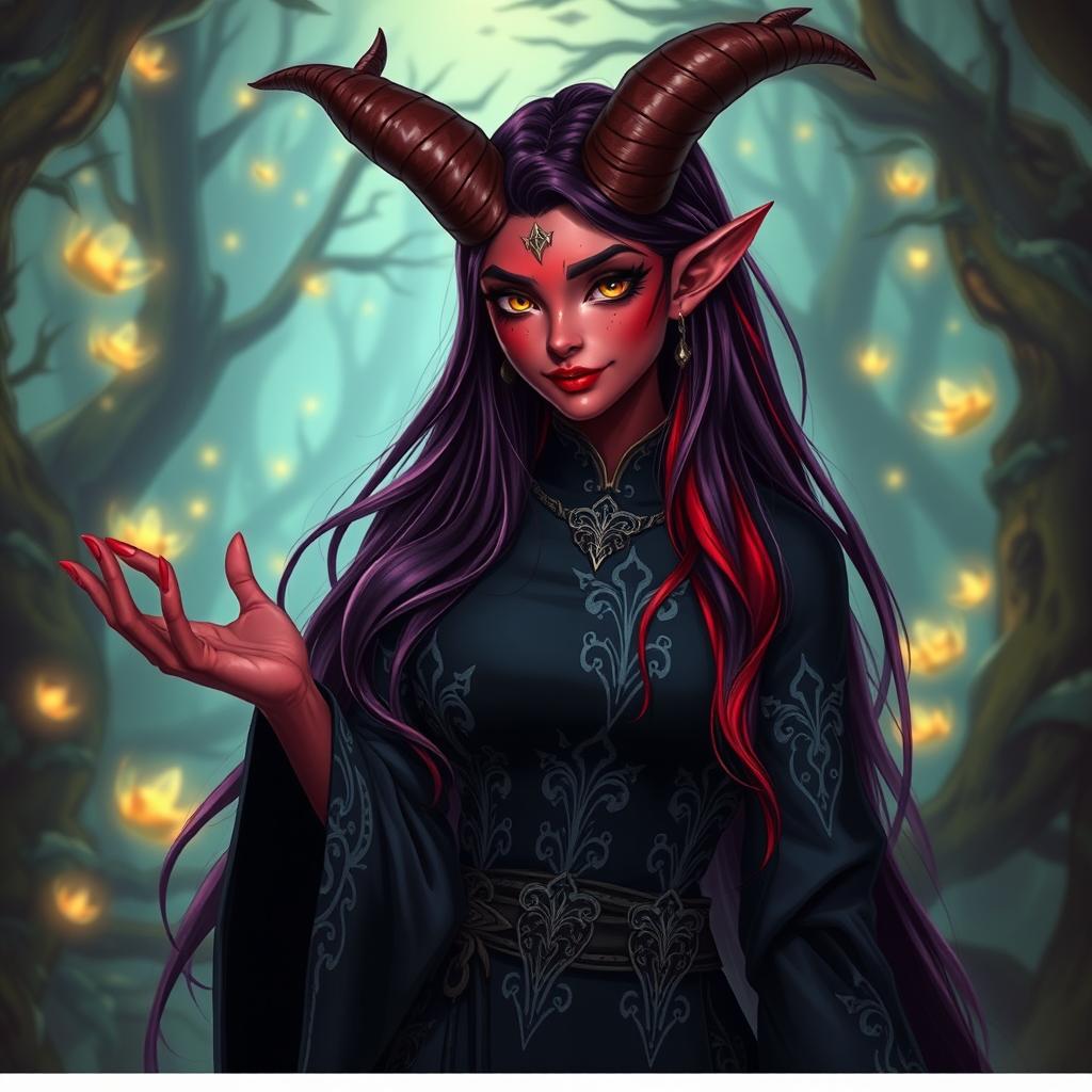 A female tiefling character, showcasing her vibrant and unique features, with deep crimson skin, large curved horns protruding from her forehead, and striking golden eyes