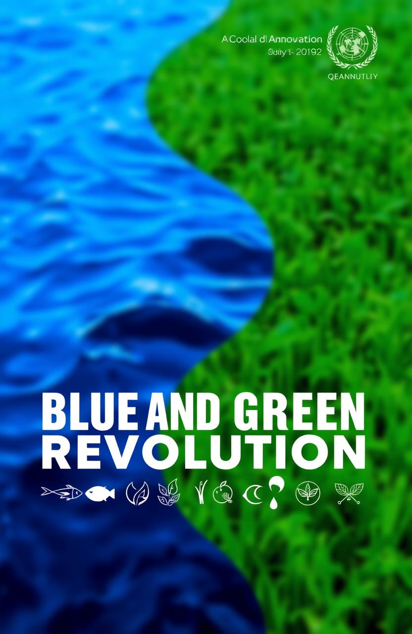 A cover page design representing the Blue and Green Revolution, featuring vibrant shades of blue and green