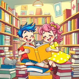 A vibrant and whimsical cartoon scene illustrating a boy and girl joyfully reading a large, colorful book in a charming bookstore