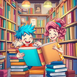 A vibrant and whimsical cartoon scene illustrating a boy and girl joyfully reading a large, colorful book in a charming bookstore