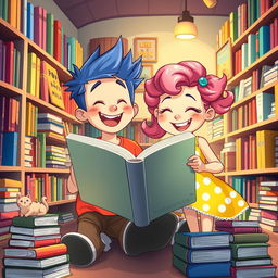 A vibrant and whimsical cartoon scene illustrating a boy and girl joyfully reading a large, colorful book in a charming bookstore