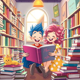 A vibrant and whimsical cartoon scene illustrating a boy and girl joyfully reading a large, colorful book in a charming bookstore
