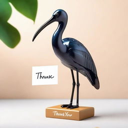 A glossy ibis with expressive eyes and detailed feathers, holding a standee with the words 'thank you' written on it in a friendly, charmingly stylish script