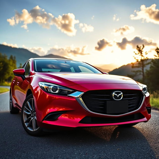 A sleek and modern Mazda 3 in vibrant red color, parked on a scenic mountain road during sunset