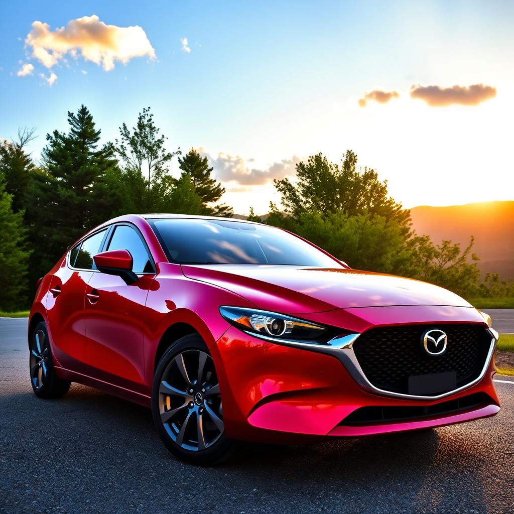 A sleek and modern Mazda 3 in vibrant red color, parked on a scenic mountain road during sunset