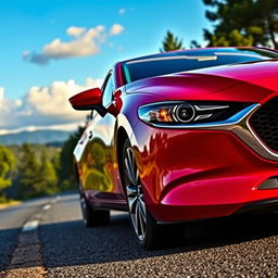 A sleek and modern Mazda 3 in vibrant red color, parked on a scenic mountain road during sunset