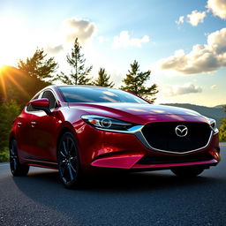 A sleek and modern Mazda 3 in vibrant red color, parked on a scenic mountain road during sunset